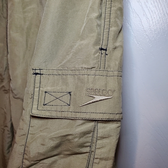 Speedo Vintage Beige Black Accent Swim Trunks Mesh Lined Size Large Cargo - Picture 5 of 9